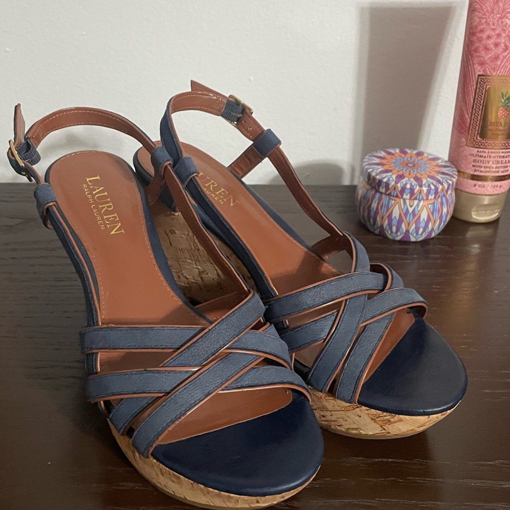 Ralph Lauren Blue and Tan Wedge Sandals